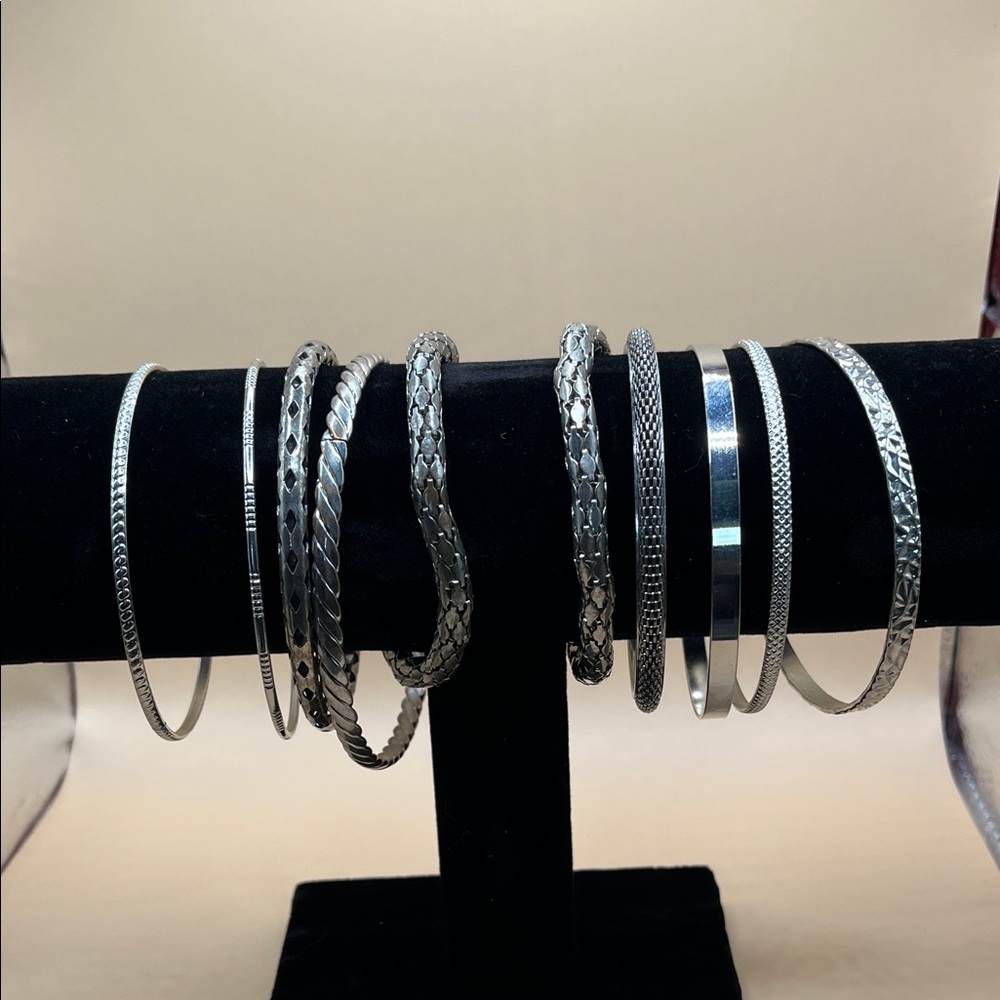 10 Silver Bangle Bracelet Set - Polished & Textured Designs